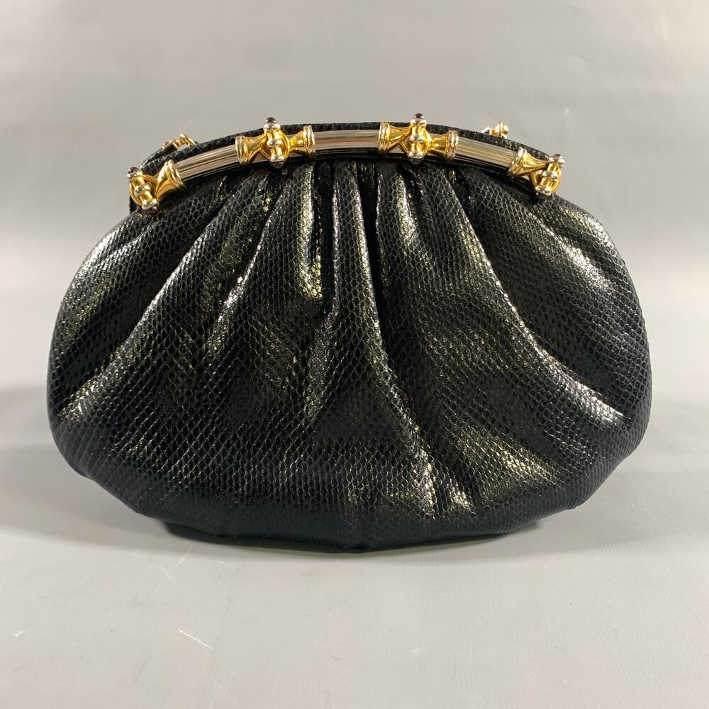JUDITH LEIBER Black Gold Snakeskin Clutch Handbag